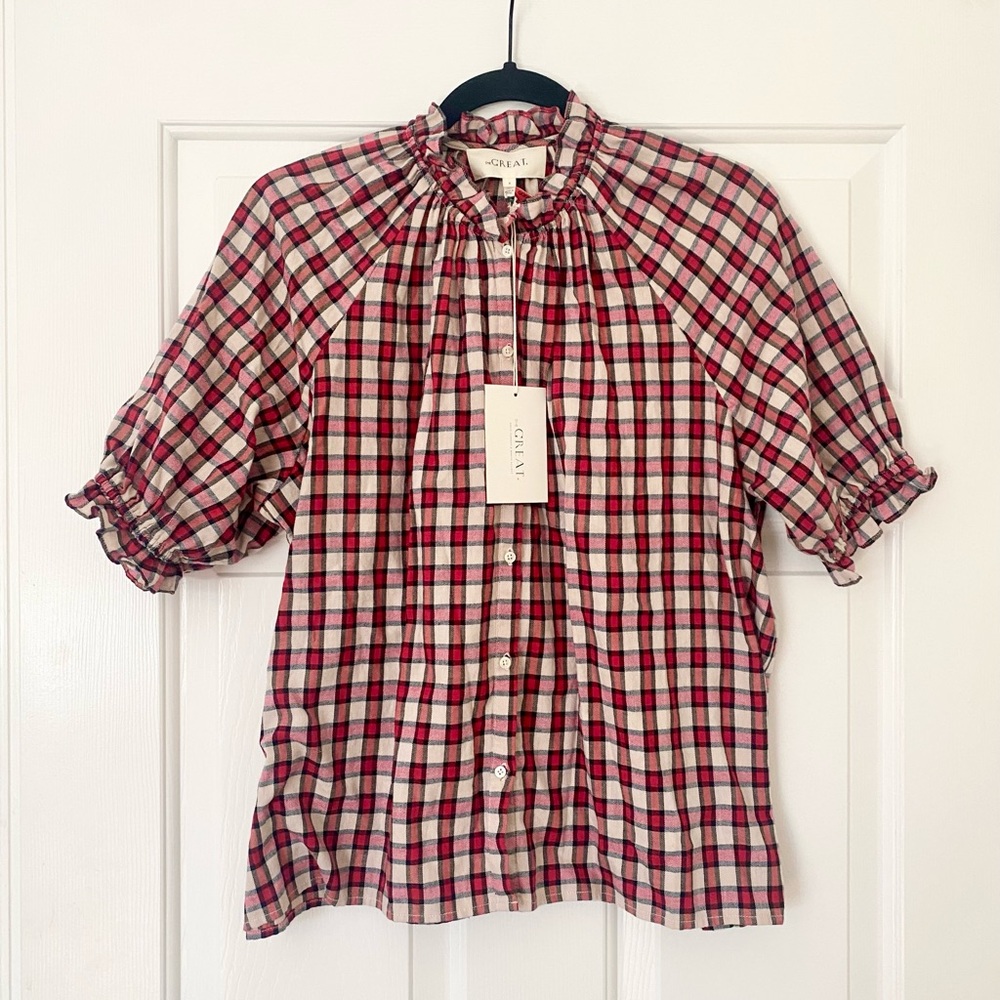 NWT The GREAT The Gather Ruffle Button Down Plaid Top